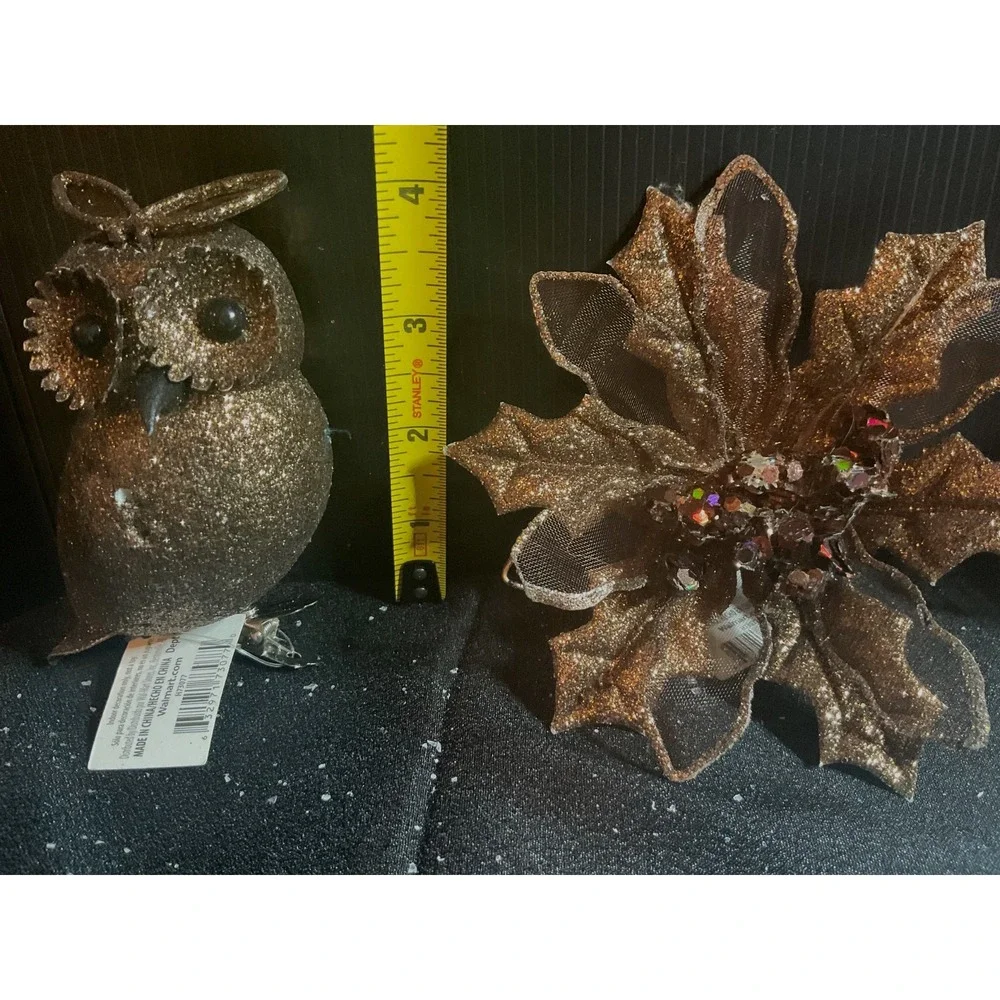 3 pieces 2 Bronze glitter Owls & 1 Floral Poinsettia Clip-on Ornaments
